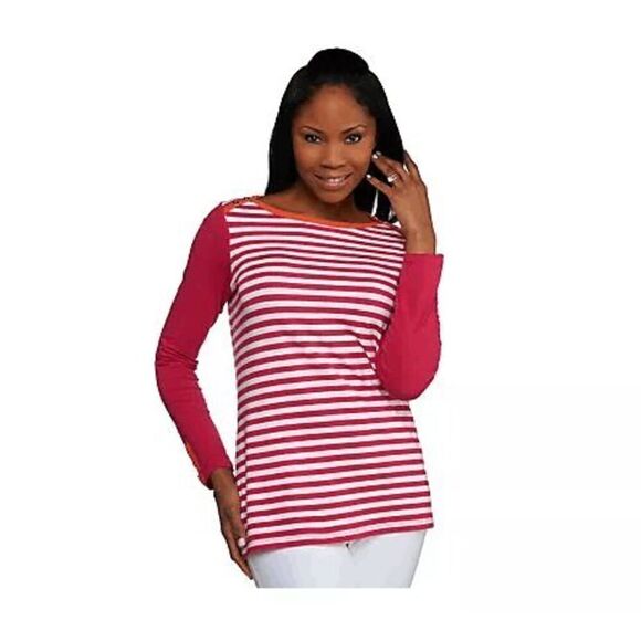 Susan Graver Women 2X Weekend Striped Stretch Top Navy Red Button Detail NWT - Picture 3 of 5